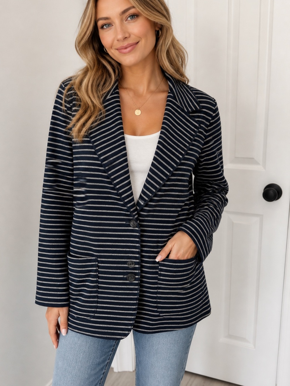 J. Jill Navy Gray Striped Ponte Blazer